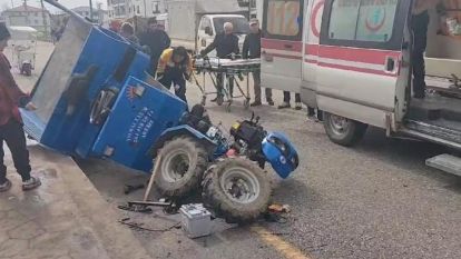 Lastiği kopan tarım aracı devrildi, sürücüsü yaralandı